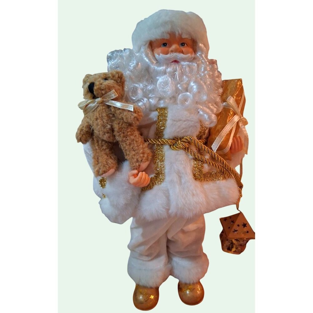 Santa Claus Figurine With Bear & Gold Accents 15"